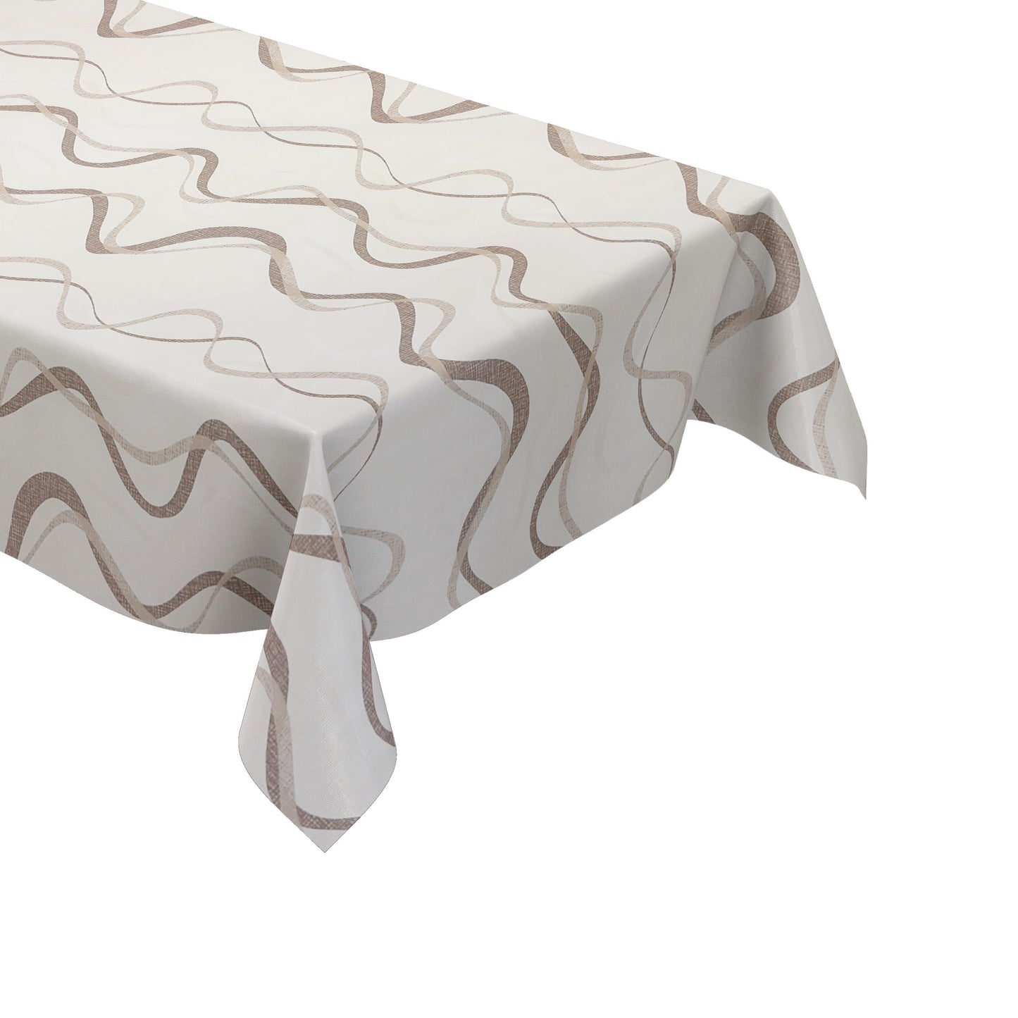 Wachstuch-Tischdecke mit modernem Wellenmuster in Beige, Taupe und Sand auf hellem Hintergrund. Geschwungene Linien in feiner Leinenoptik verleihen dem Design eine elegante, ruhige und zeitlose Ausstrahlung im modernen Wohnstil.