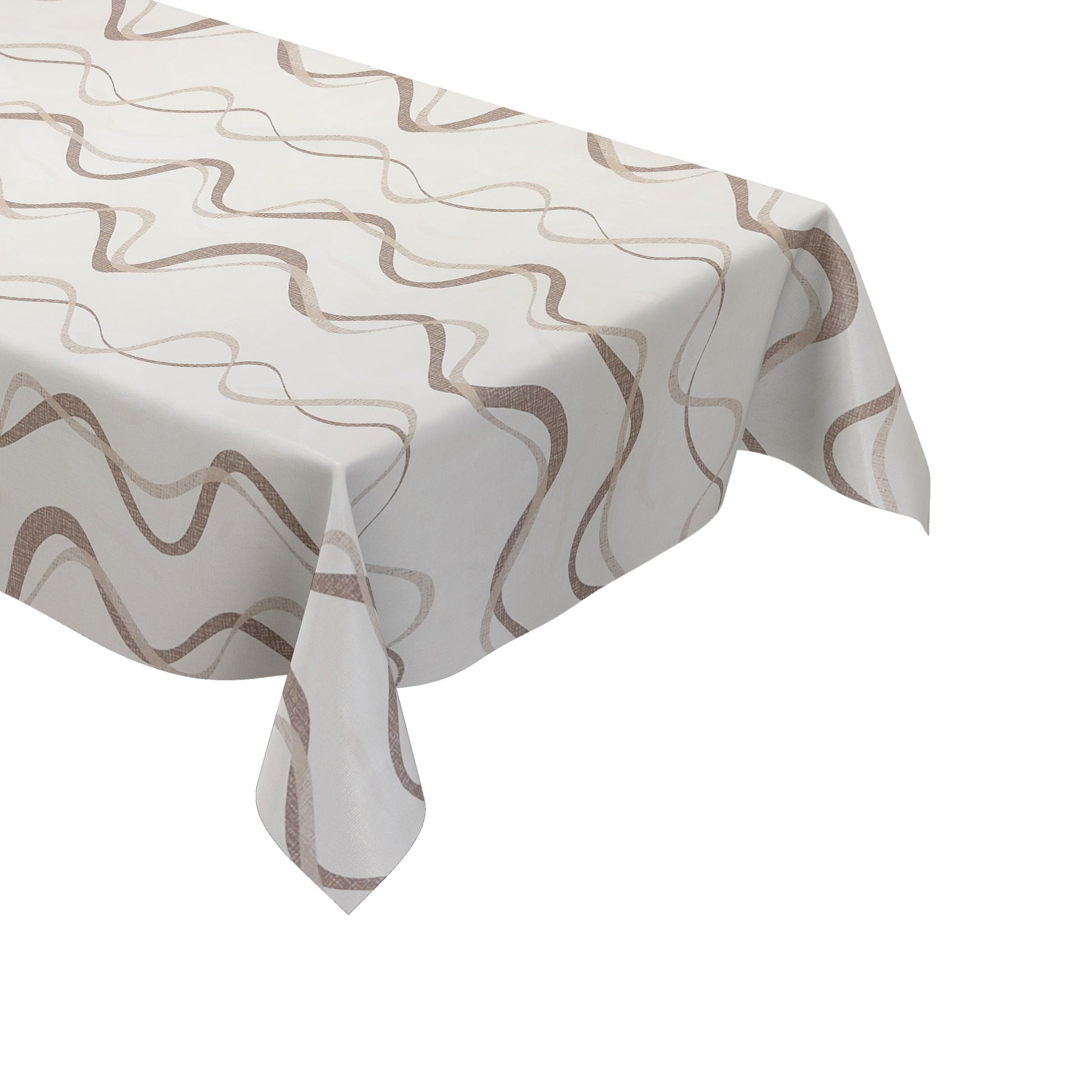 Wachstuch-Tischdecke mit modernem Wellenmuster in Beige, Taupe und Sand auf hellem Hintergrund. Geschwungene Linien in feiner Leinenoptik verleihen dem Design eine elegante, ruhige und zeitlose Ausstrahlung im modernen Wohnstil.