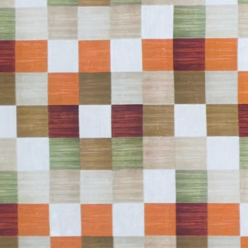 Jacquard-Tischdecke aus beschichteter Baumwolle mit regelmäßigem Karomuster in Beige, Braun, Grün, Rot und Orange, fleckenabweisend.