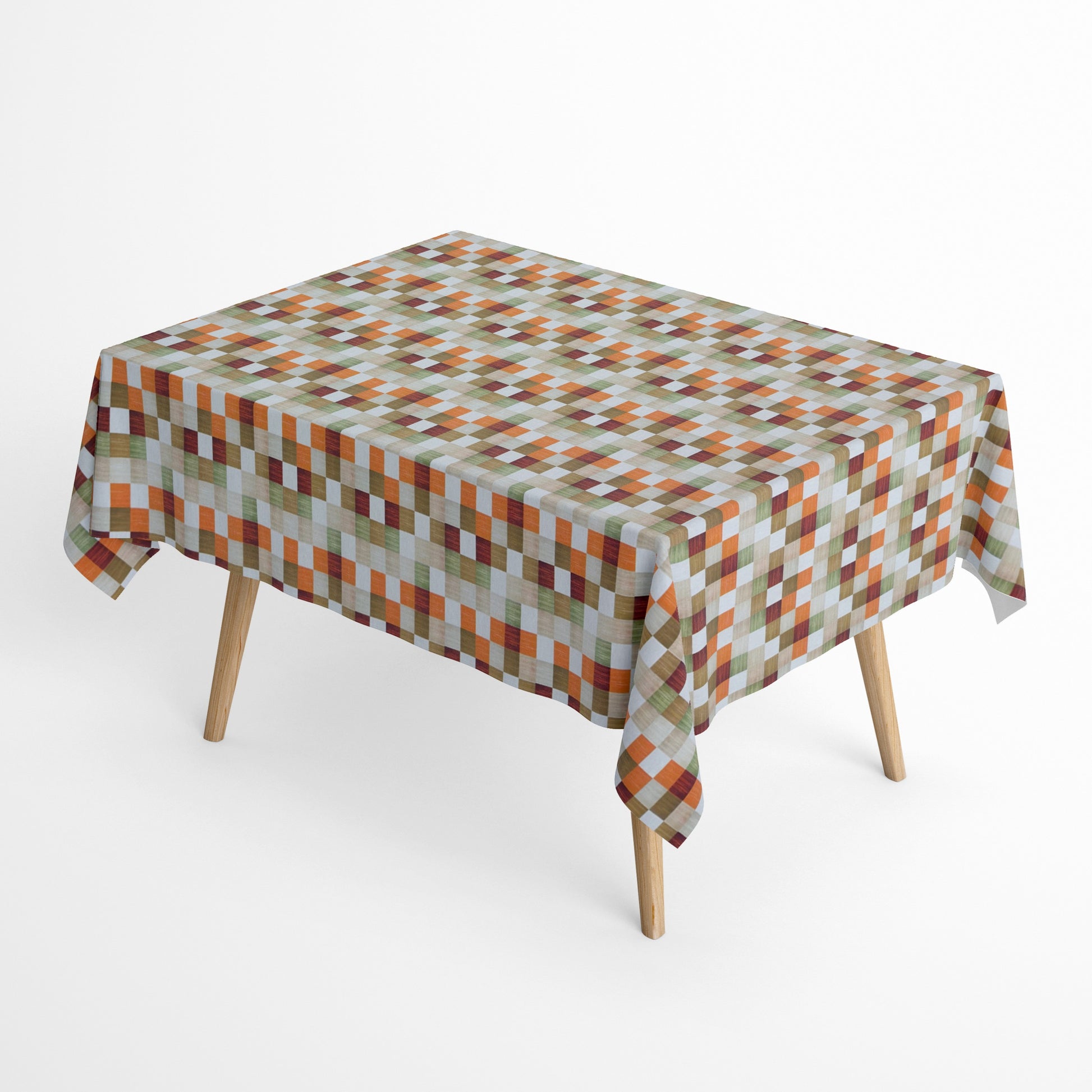 Jacquard-Tischdecke aus beschichteter Baumwolle mit regelmäßigem Karomuster in Beige, Braun, Grün, Rot und Orange, fleckenabweisend.