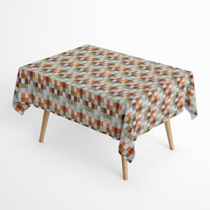 Jacquard-Tischdecke aus beschichteter Baumwolle mit regelmäßigem Karomuster in Beige, Braun, Grün, Rot und Orange, fleckenabweisend.