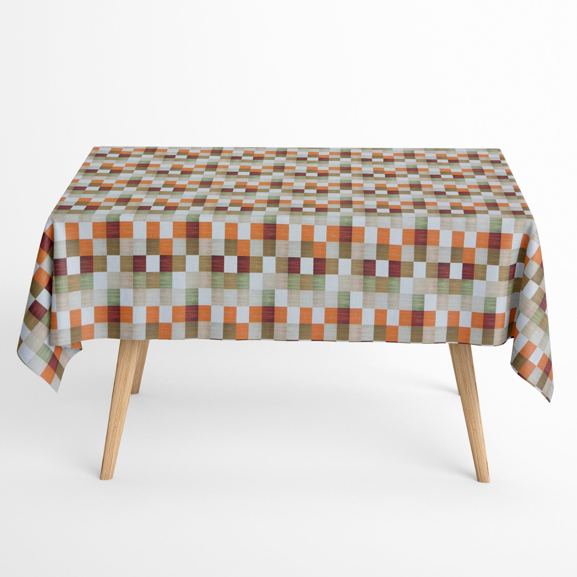 Jacquard-Tischdecke aus beschichteter Baumwolle mit regelmäßigem Karomuster in Beige, Braun, Grün, Rot und Orange, fleckenabweisend.