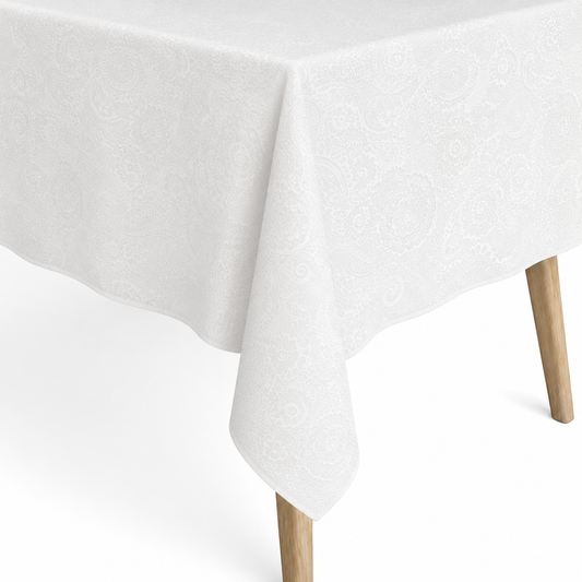 Jacquard Tischdecke aus beschichteter Baumwolle mit Fleckenschutz KLIMT weiß BOHO Blüten eckig rund oval