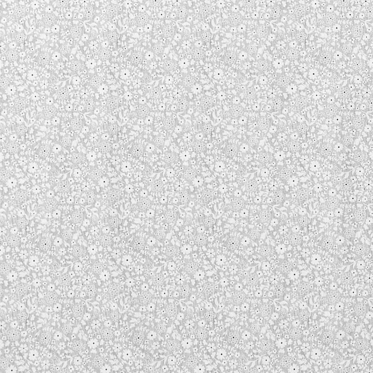 Jacquard Tischdecke aus beschichteter Baumwolle mit feinem Blumen- und Blütenmuster in Grau und Weiß, fleckenabweisend und pflegeleicht.