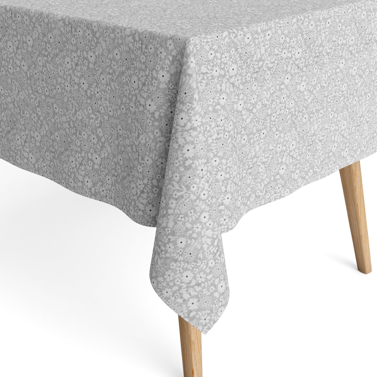 Jacquard Tischdecke aus beschichteter Baumwolle mit feinem Blumen- und Blütenmuster in Grau und Weiß, fleckenabweisend und pflegeleicht.
