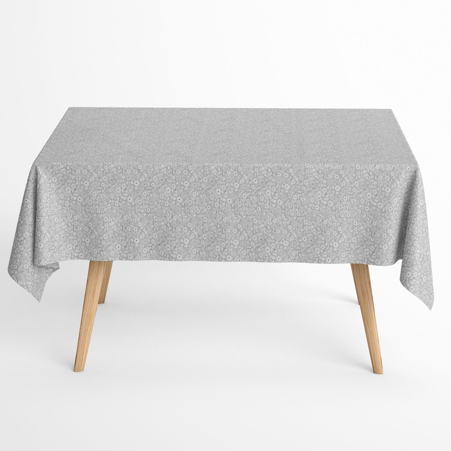 Jacquard Tischdecke aus beschichteter Baumwolle mit feinem Blumen- und Blütenmuster in Grau und Weiß, fleckenabweisend und pflegeleicht.