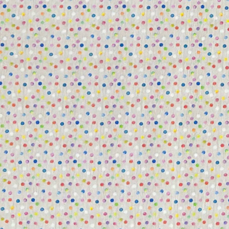 Jacquard-Tischdecke aus beschichteter Baumwolle mit hellem Grund und feinem, buntem Punktmuster in Blau, Rosa, Rot, Gelb, Grün, Orange und Violett.