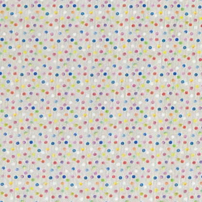 Jacquard-Tischdecke aus beschichteter Baumwolle mit hellem Grund und feinem, buntem Punktmuster in Blau, Rosa, Rot, Gelb, Grün, Orange und Violett.