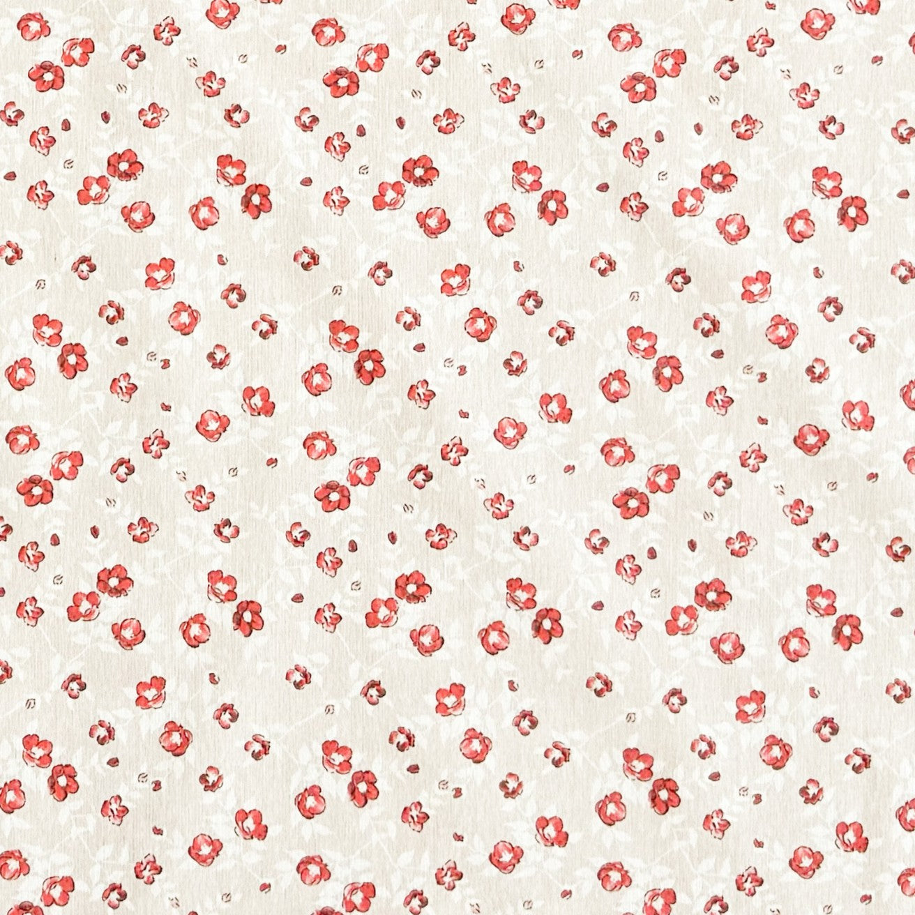 Die Jacquard Tischdecke aus beschichteter Baumwolle zeigt ein feines Streublumenmuster mit kleinen roten Blüten auf hellem, leicht strukturiertem Hintergrund.