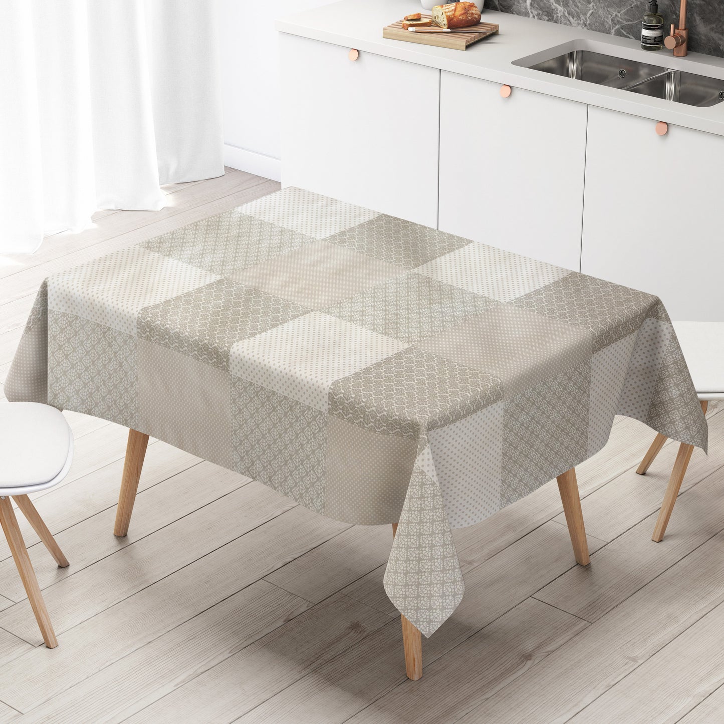 Wachstuch Tischdecke M19320 weiß taupe Ornamente Punkte eckig rund oval