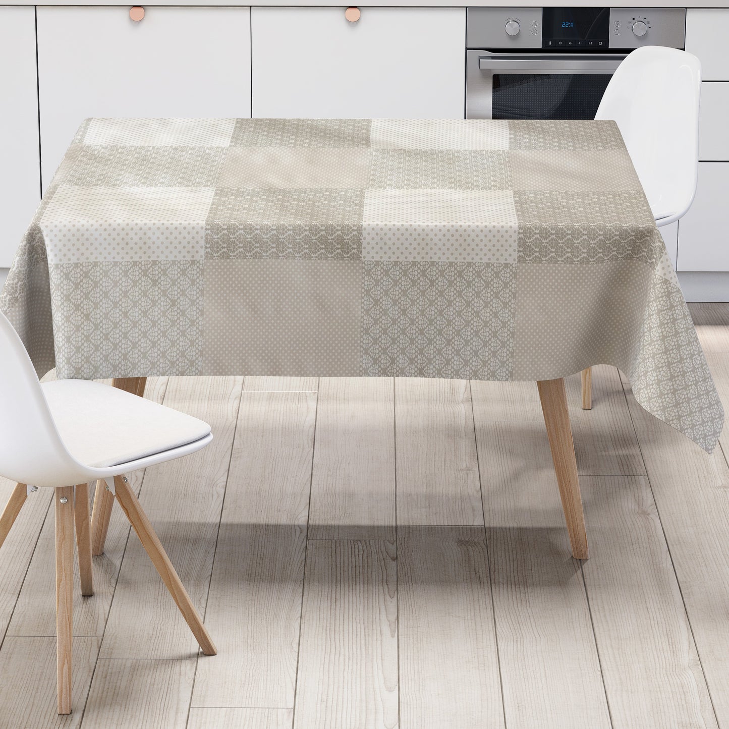 Wachstuch Tischdecke M19320 weiß taupe Ornamente Punkte eckig rund oval