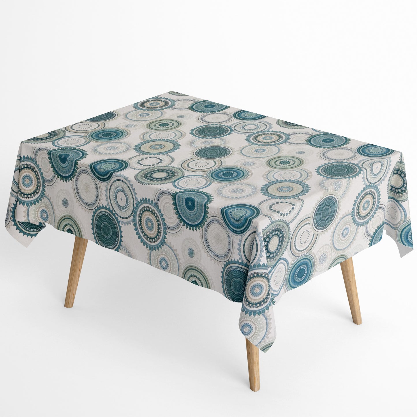 Jacquard Tischdecke aus beschichteter Baumwolle mit petrolfarbenen Mandala-Mustern in verschiedenen Größen, fleckenabweisend und pflegeleicht.