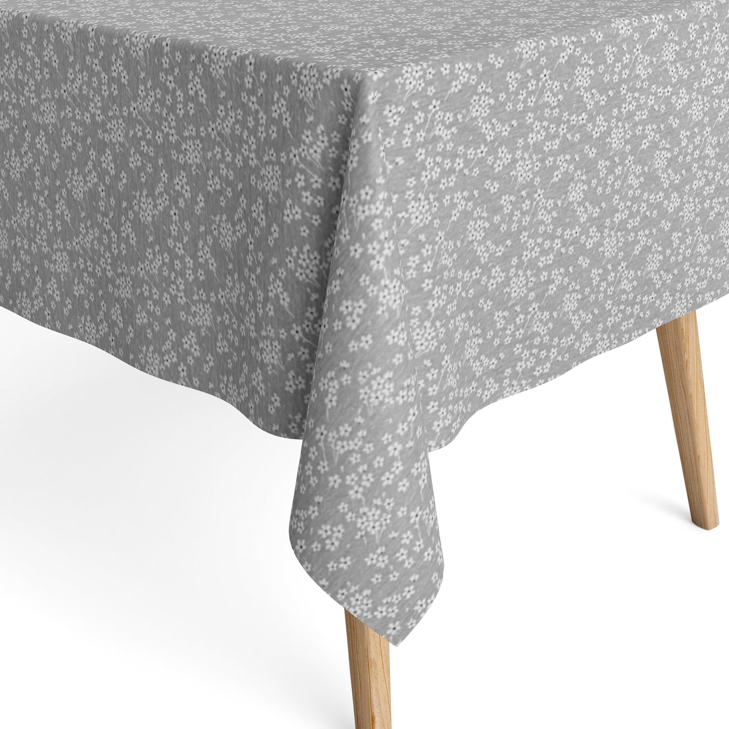 Jacquard-Tischdecke aus beschichteter Baumwolle in Grau mit feinem weißen Streublümchenmuster, fleckenabweisend.