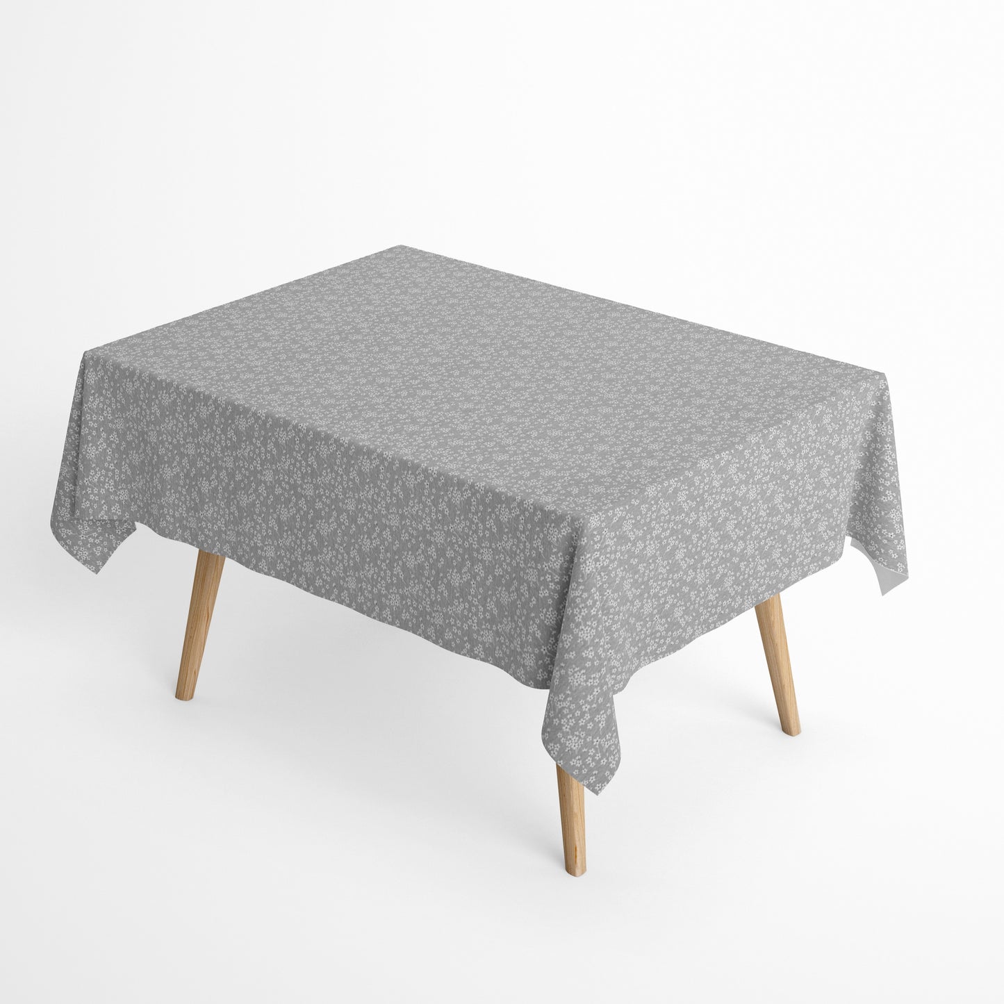 Jacquard-Tischdecke aus beschichteter Baumwolle in Grau mit feinem weißen Streublümchenmuster, fleckenabweisend.
