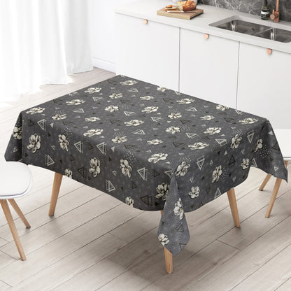 Wachstuch Tischdecke anthrazit  Dreiecke Blüten