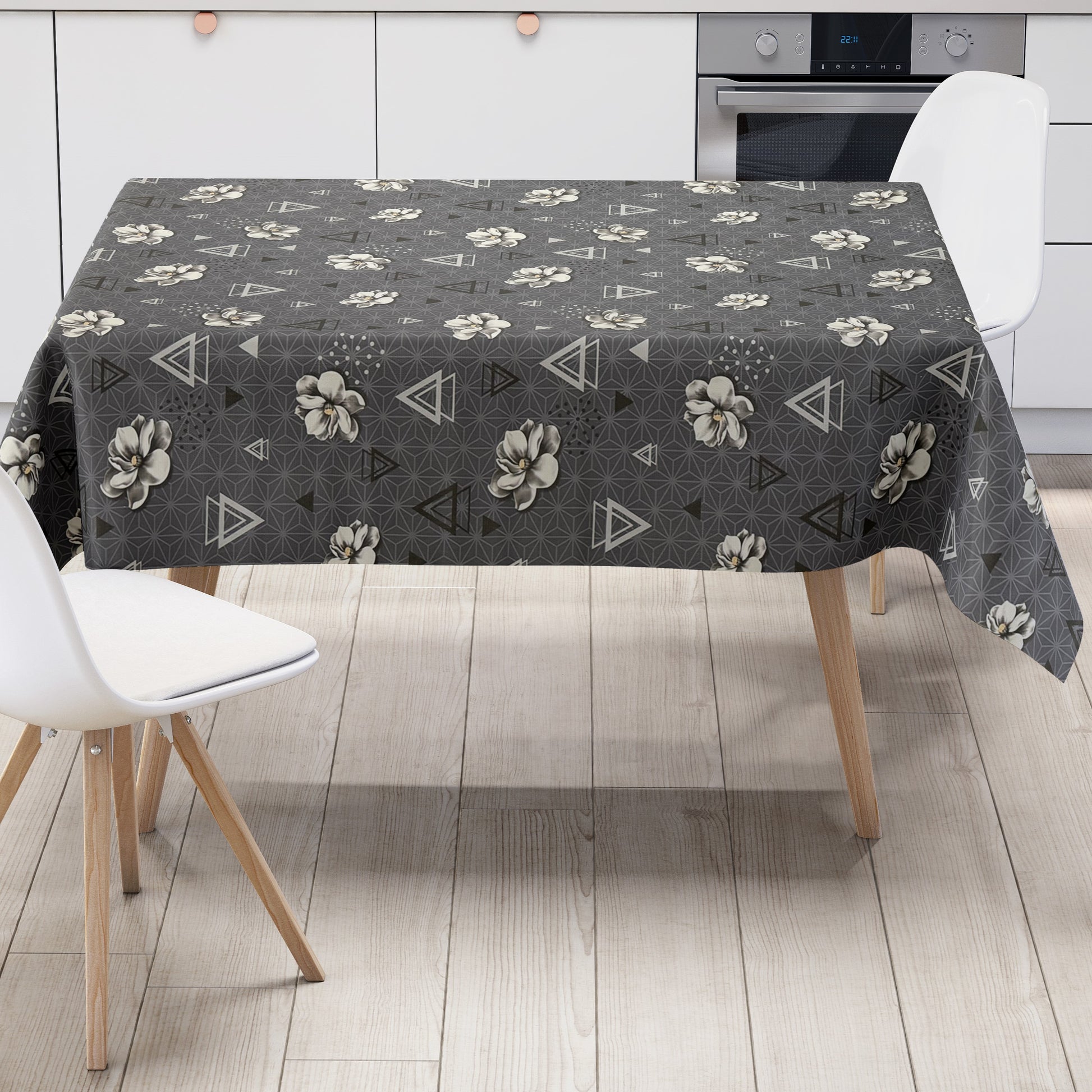 Wachstuch Tischdecke anthrazit  Dreiecke Blüten