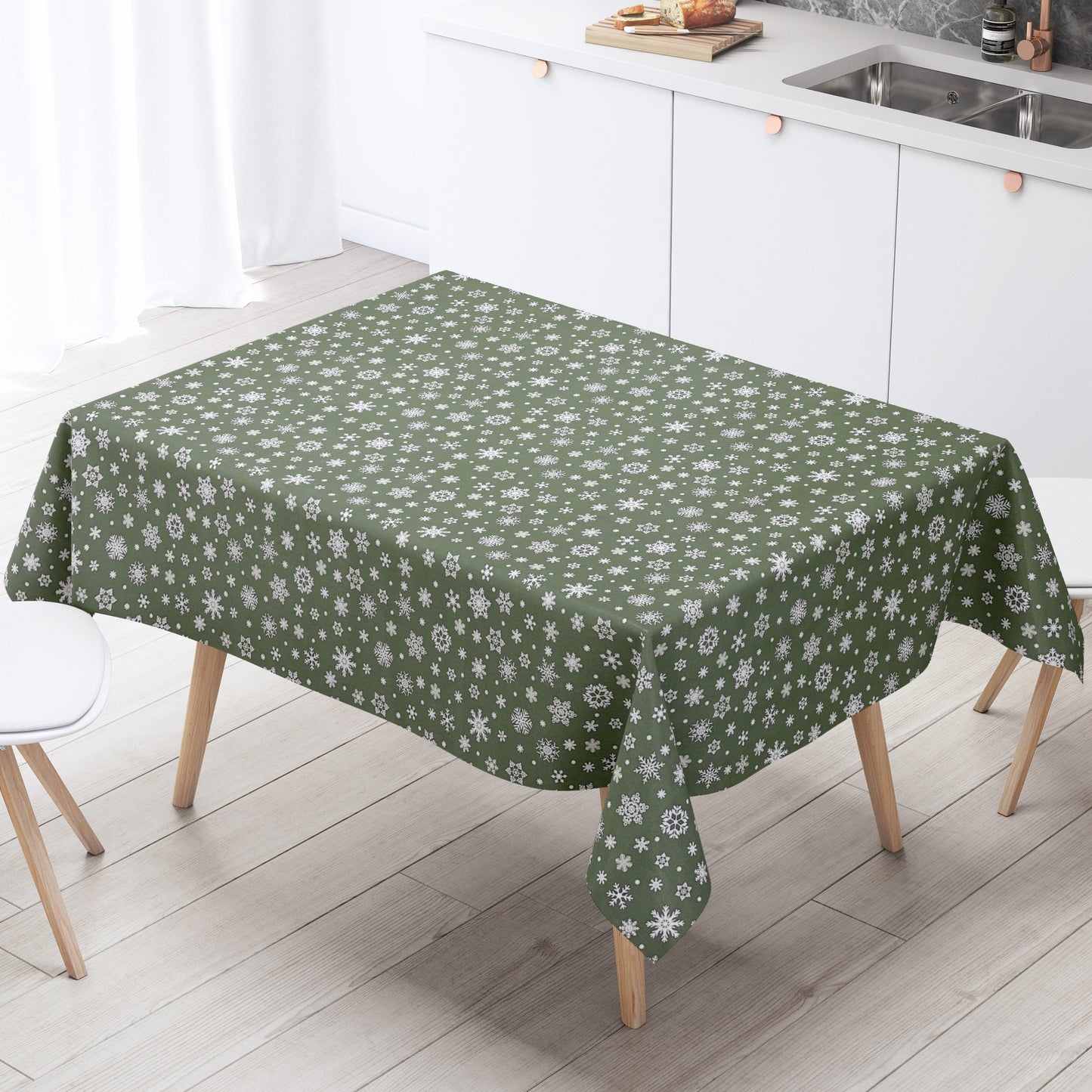 Wachstuch Rolle Weihnachten P1096-4 Schneeflocken Eisblumen grün geprägt Rollenware