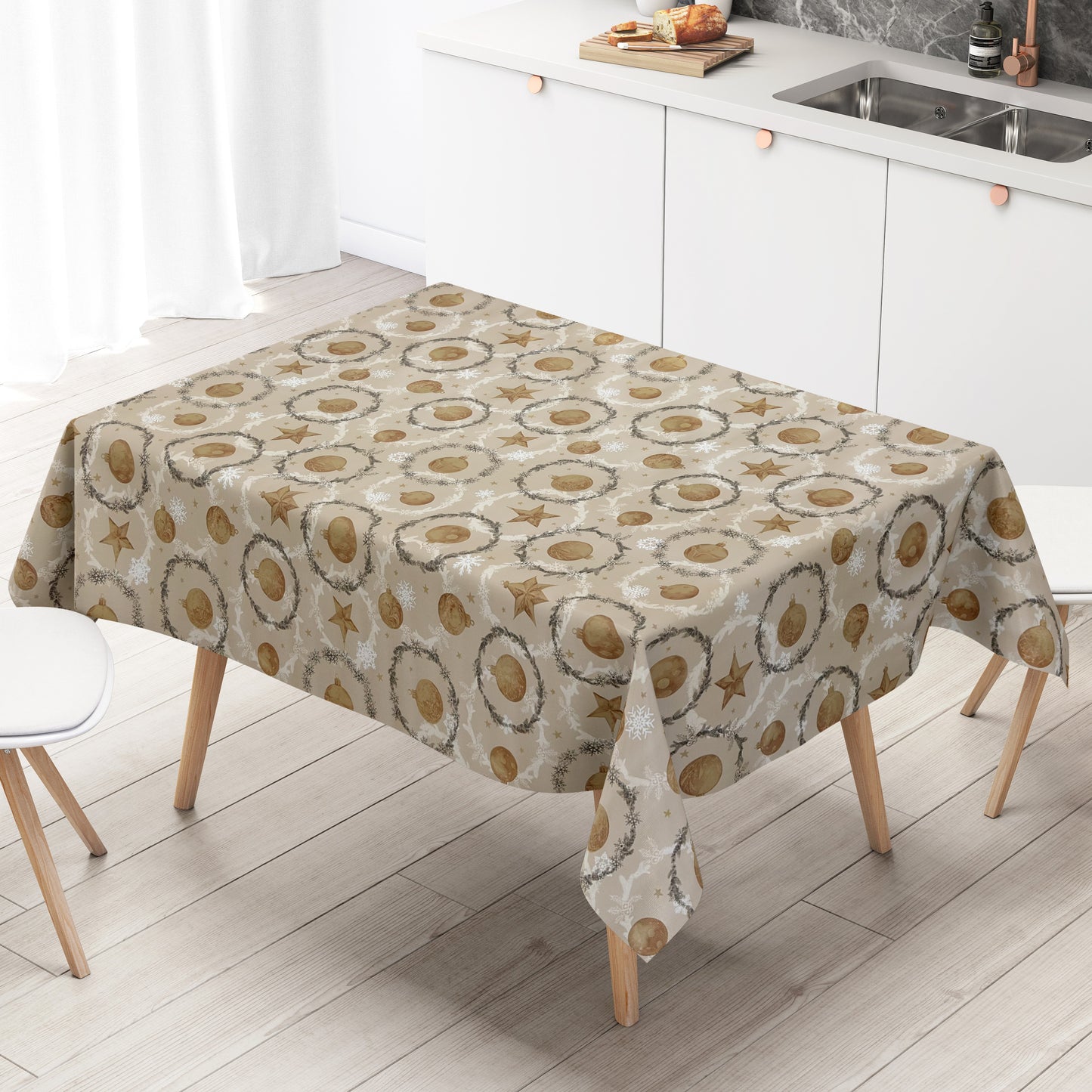 Wachstuch Tischdecke goldene Weihnachtskugeln auf taupe