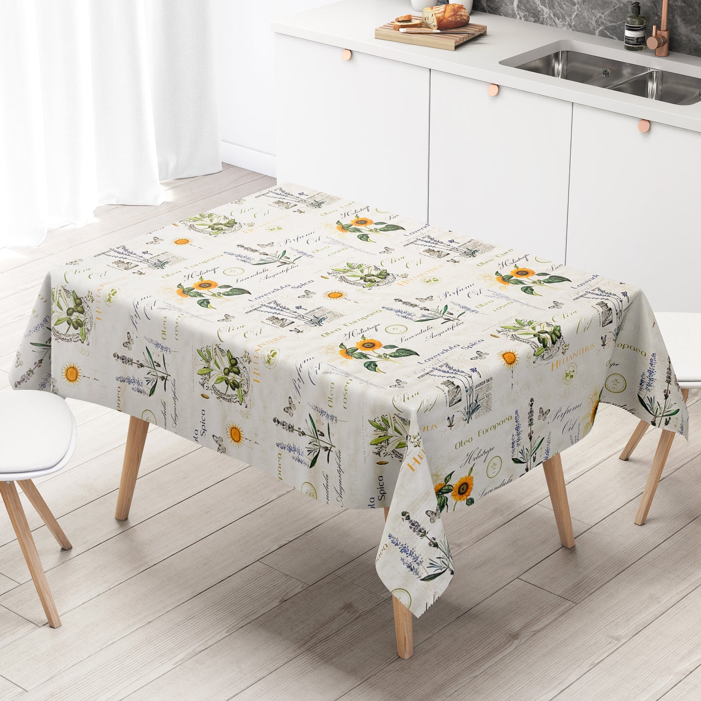 Nappe en toile cirée gaufrée P732-1 lavande tournesols vendue au mètre carrée ronde ovale