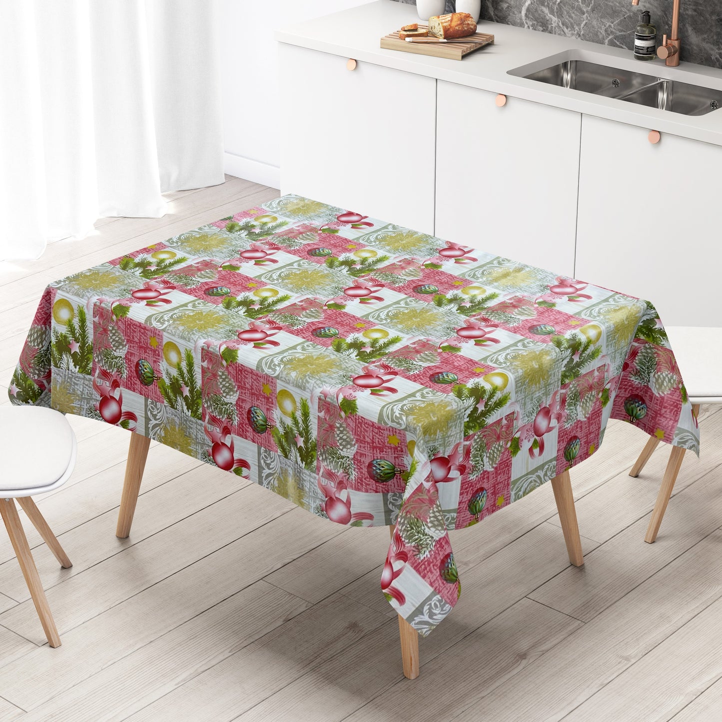 Wachstuch Rolle Weihnachten P848-2 Weihnachtskugeln Tannenzweig rot Rollenware