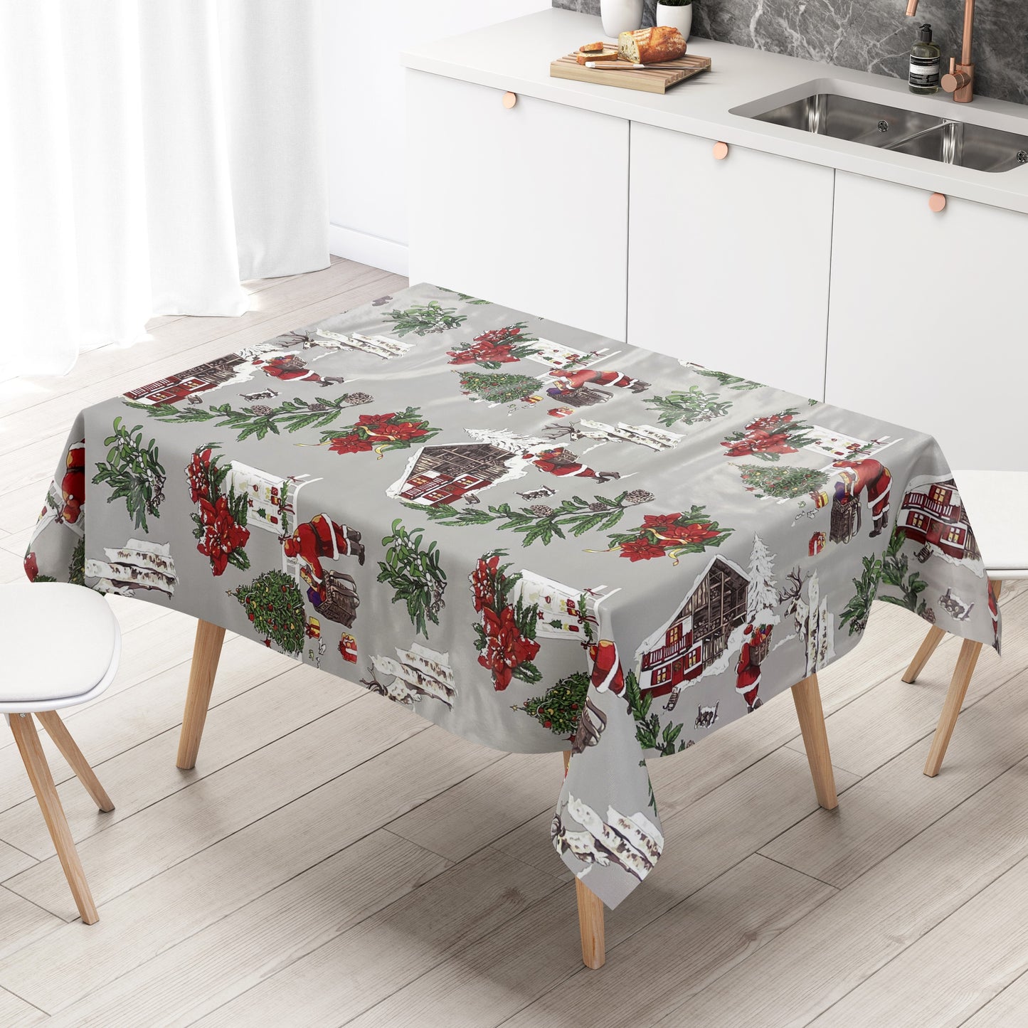 Wachstuch Rolle Weihnachten P984-2 Weihnachtsmann Weihnachtsbaum grau Rollenware