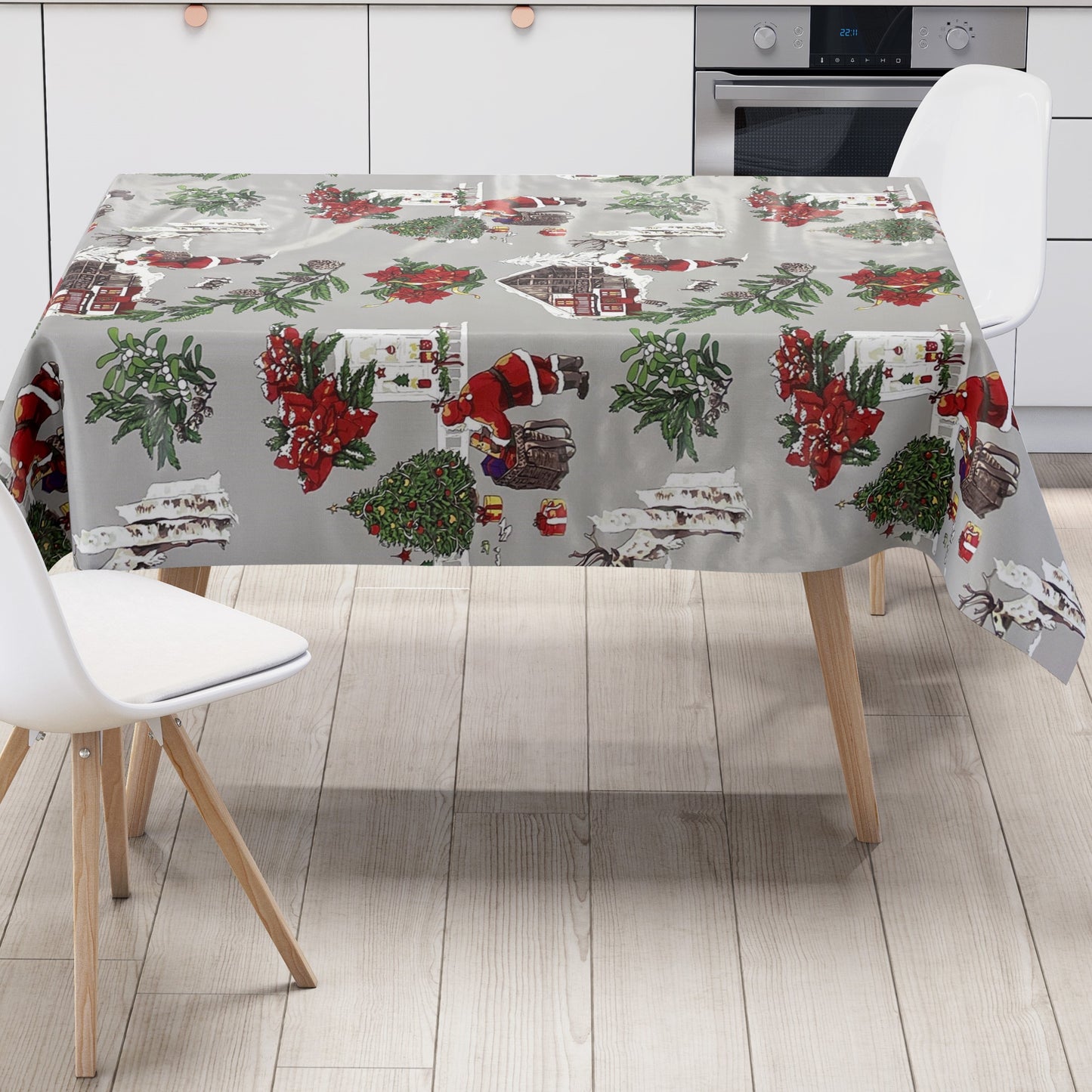 Wachstuch Rolle Weihnachten P984-2 Weihnachtsmann Weihnachtsbaum grau Rollenware