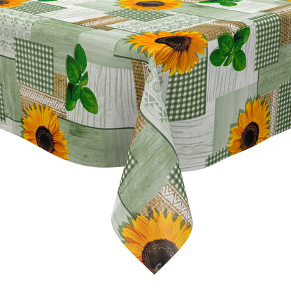 Nappe en toile cirée 160 cm de large surdimensionnée PC130-2 tournesols verts bois carré rond ovale 