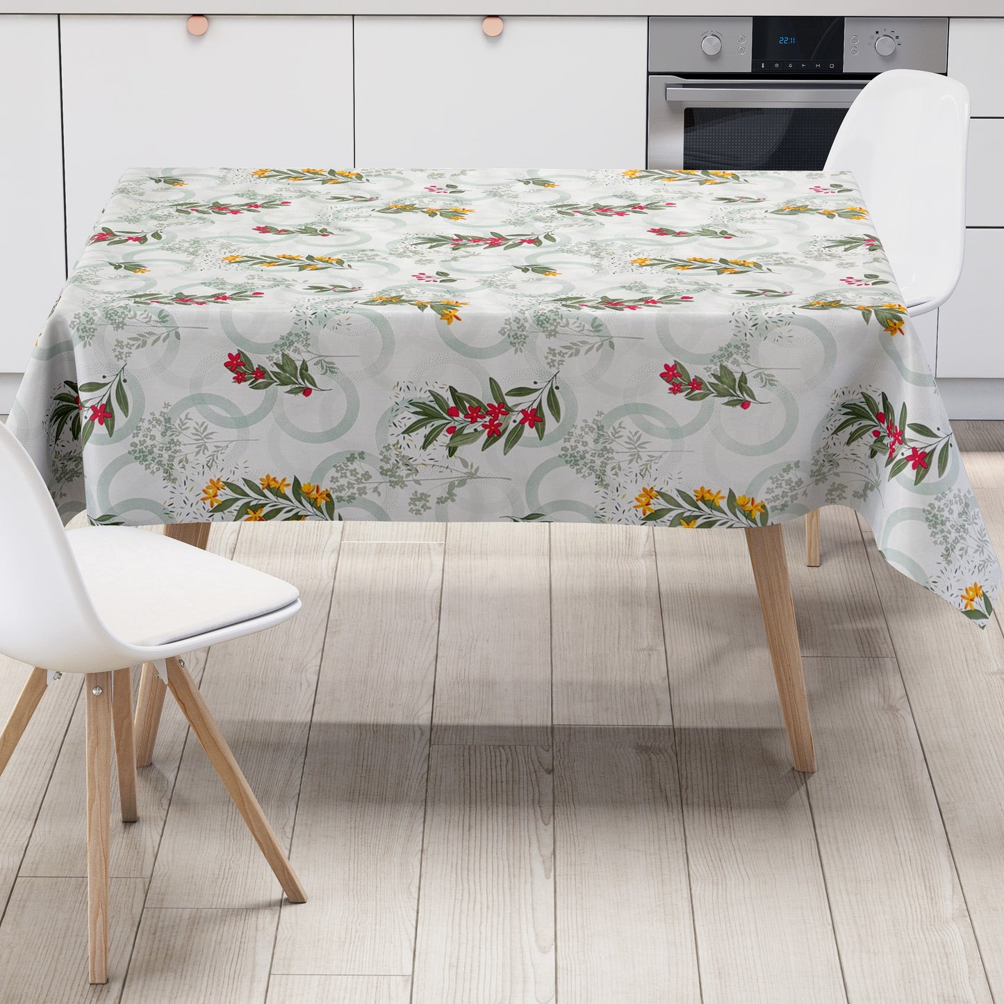 Wachstuch Tischdecke grüne Kreise Blüten