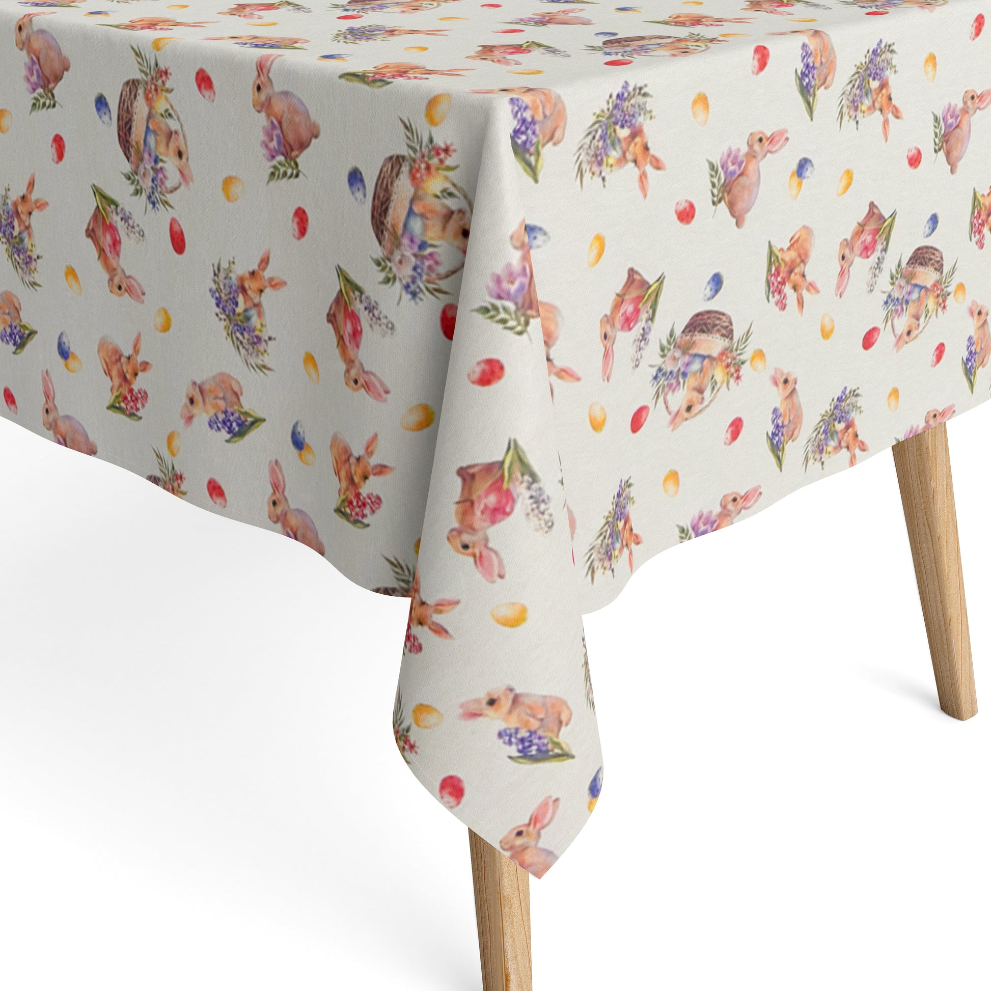 Jacquard-Tischdecke aus beschichteter Baumwolle in Beige mit Osterhasen, bunten Ostereiern und Tulpen in zarten Pastellfarben, fleckenabweisend und frühlingshaft gestaltet