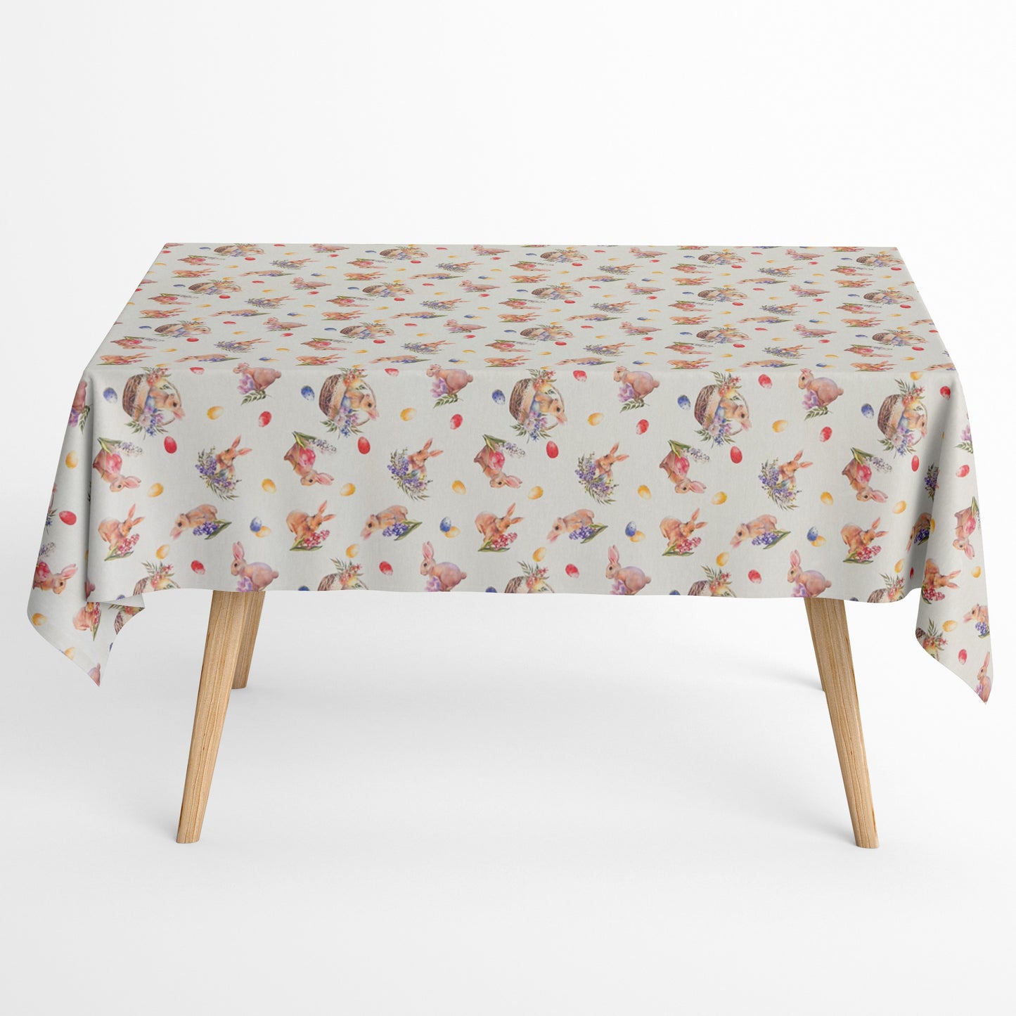 Jacquard-Tischdecke aus beschichteter Baumwolle in Beige mit Osterhasen, bunten Ostereiern und Tulpen in zarten Pastellfarben, fleckenabweisend und frühlingshaft gestaltet