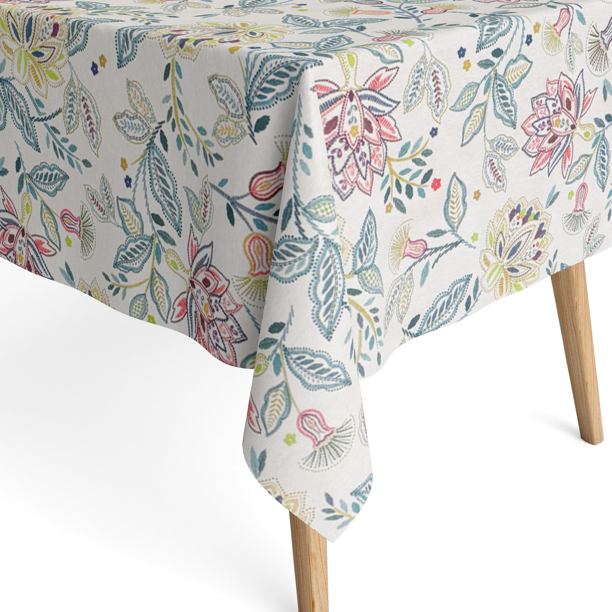  Die Jacquard Tischdecke aus beschichteter Baumwolle zeigt ein elegantes, filigranes Blumenmuster mit feinen Blüten, Blättern und Ranken in sanften Grün-, Blau- und Rosatönen. Die detailreiche Webstruktur verleiht Tiefe, während die Beschichtung sie fleckenabweisend und pflegeleicht macht. 