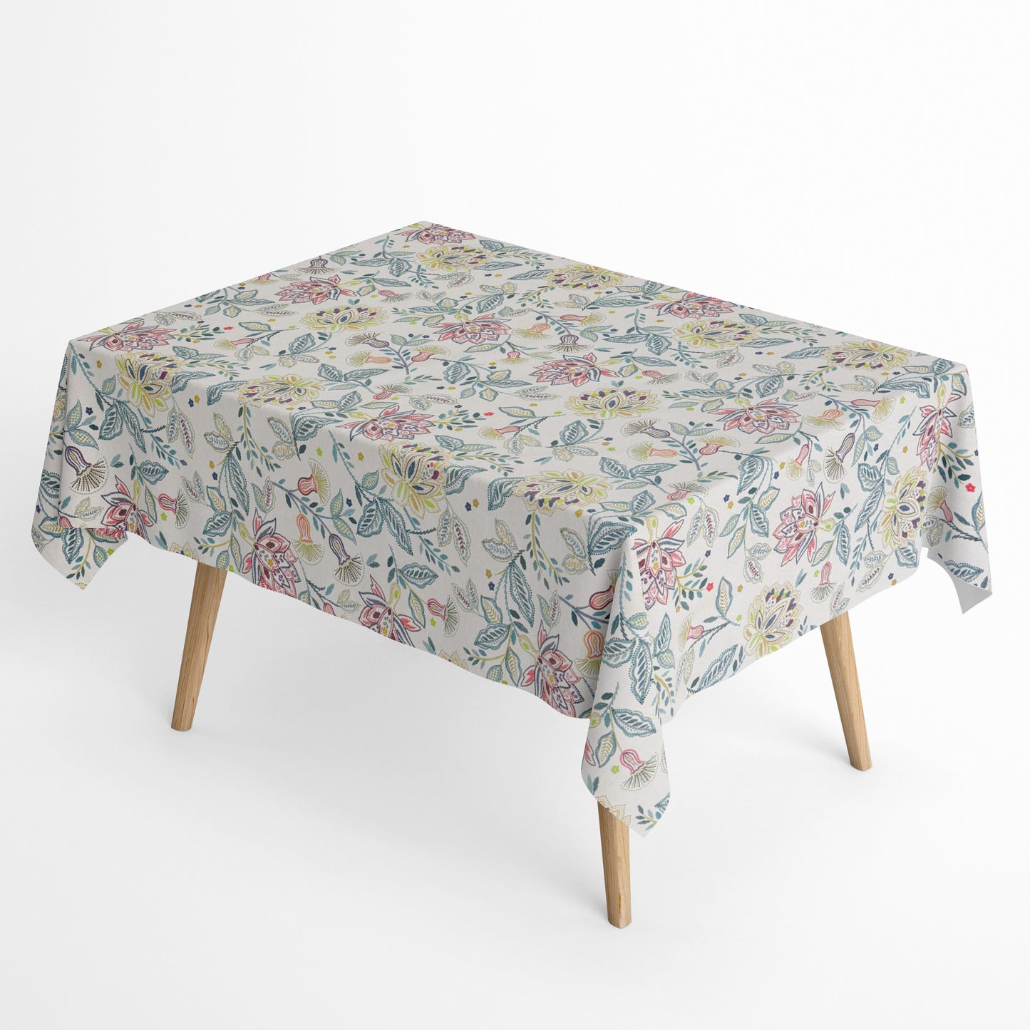  Die Jacquard Tischdecke aus beschichteter Baumwolle zeigt ein elegantes, filigranes Blumenmuster mit feinen Blüten, Blättern und Ranken in sanften Grün-, Blau- und Rosatönen. Die detailreiche Webstruktur verleiht Tiefe, während die Beschichtung sie fleckenabweisend und pflegeleicht macht. 