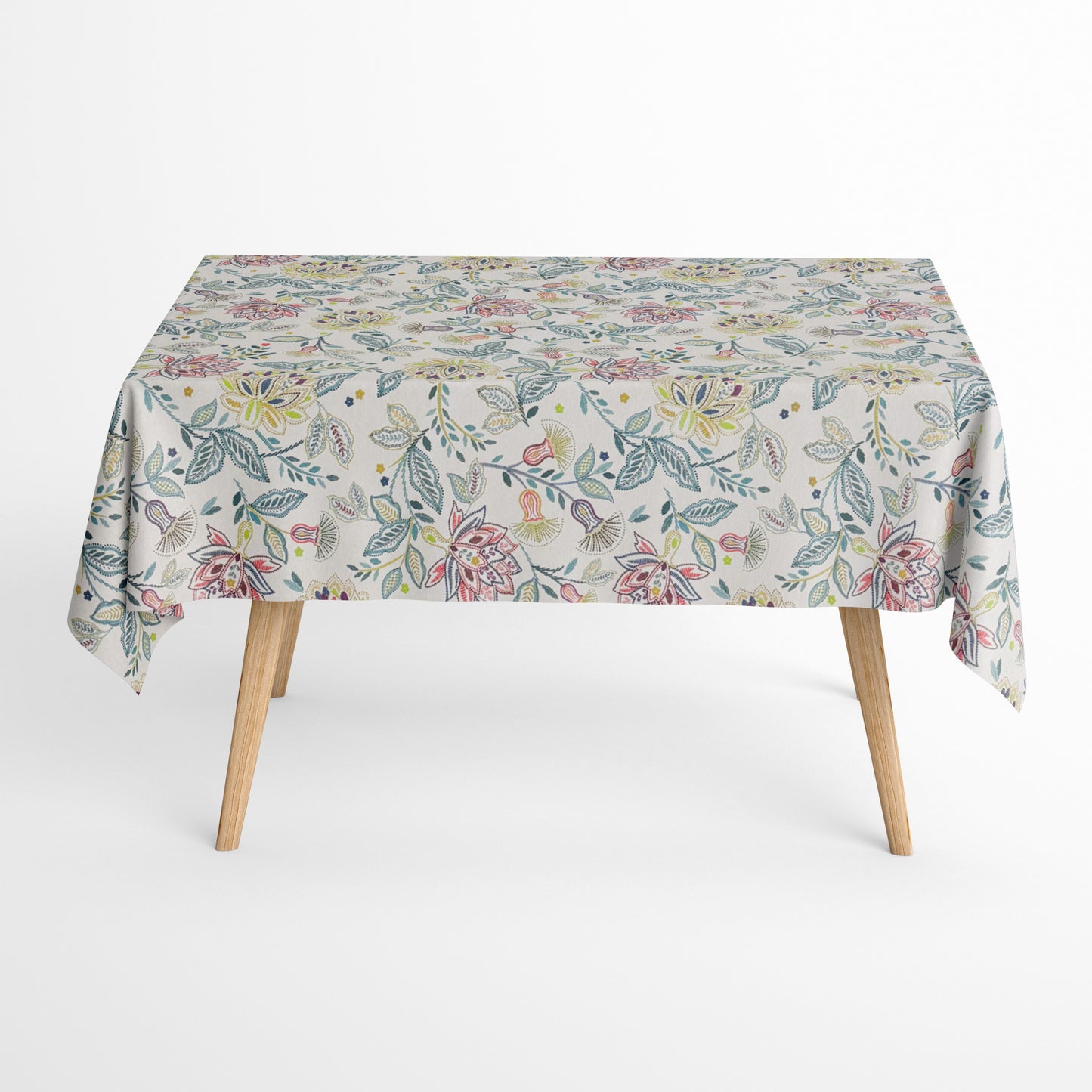  Die Jacquard Tischdecke aus beschichteter Baumwolle zeigt ein elegantes, filigranes Blumenmuster mit feinen Blüten, Blättern und Ranken in sanften Grün-, Blau- und Rosatönen. Die detailreiche Webstruktur verleiht Tiefe, während die Beschichtung sie fleckenabweisend und pflegeleicht macht. 