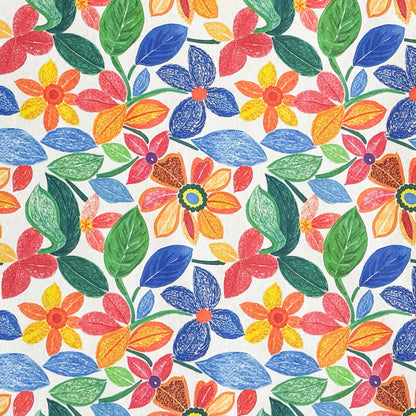  Die jacquard beschichtete Baumwolltischdecke zeigt ein lebendiges florales Muster mit stilisierten Blumen und Blättern in kräftigen Farben wie Rot, Blau, Gelb und Grün. 
