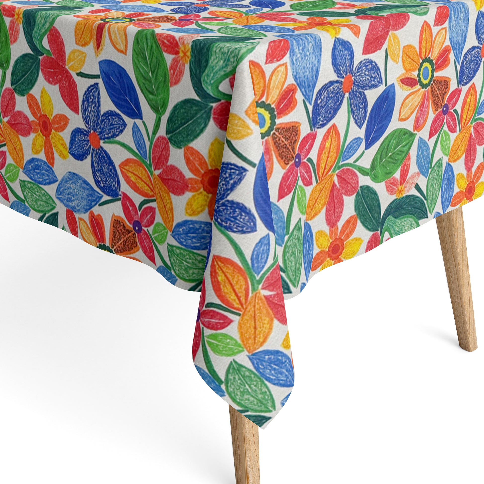  Die jacquard beschichtete Baumwolltischdecke zeigt ein lebendiges florales Muster mit stilisierten Blumen und Blättern in kräftigen Farben wie Rot, Blau, Gelb und Grün. 
