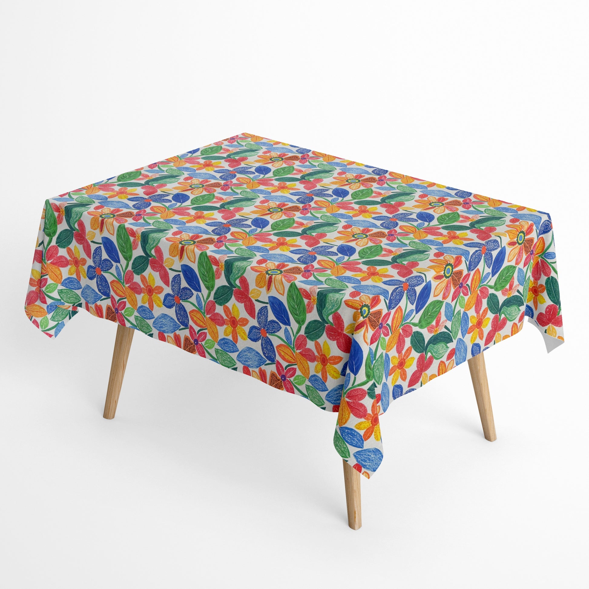  Die jacquard beschichtete Baumwolltischdecke zeigt ein lebendiges florales Muster mit stilisierten Blumen und Blättern in kräftigen Farben wie Rot, Blau, Gelb und Grün. 