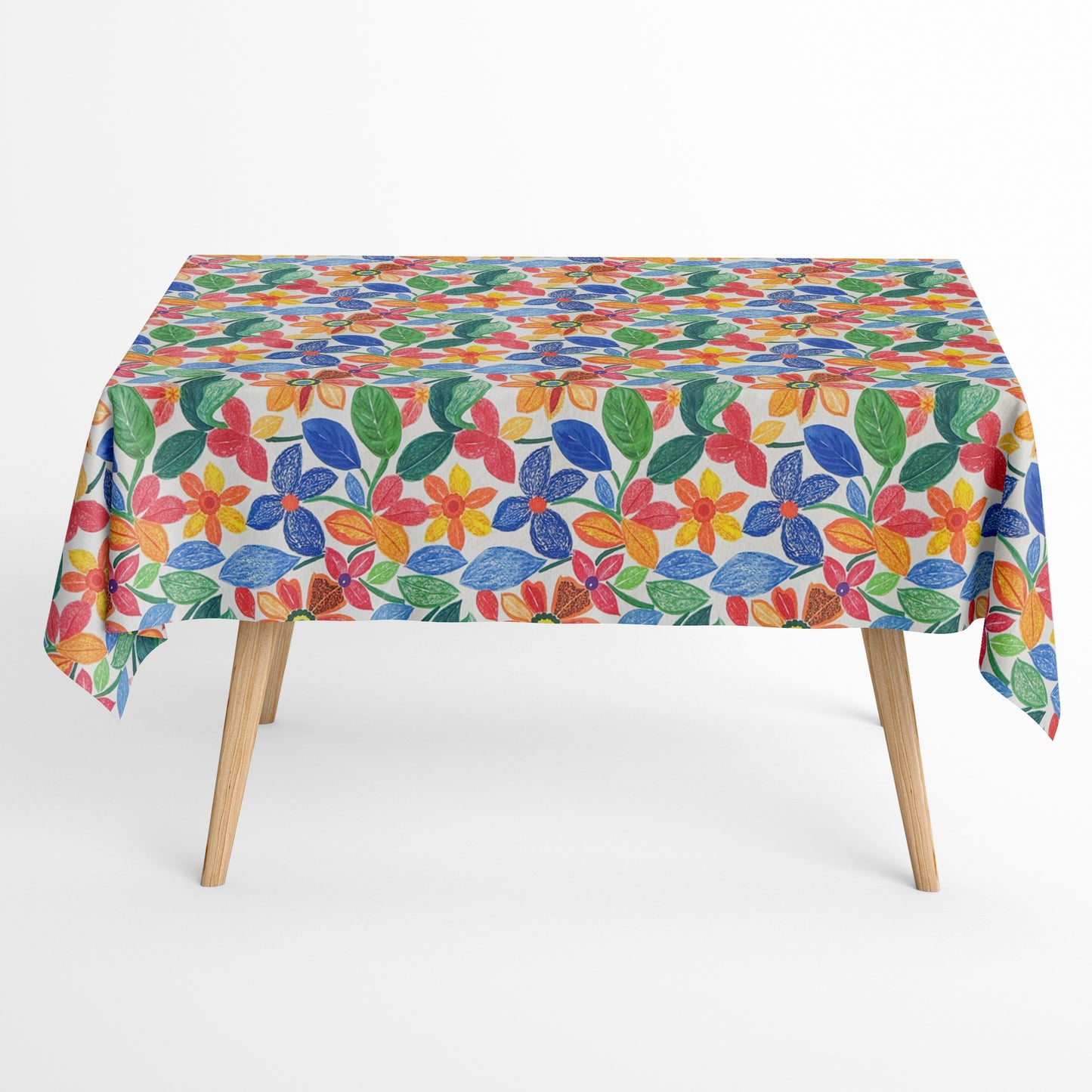  Die jacquard beschichtete Baumwolltischdecke zeigt ein lebendiges florales Muster mit stilisierten Blumen und Blättern in kräftigen Farben wie Rot, Blau, Gelb und Grün. 