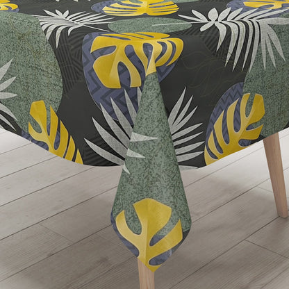 Oilcloth tablecloth B5054-02 green gold jungle monstera palms square round oval sold by the meter