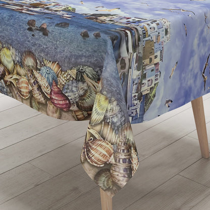 Nappe en toile cirée motif bordure K13A village de pêcheurs maritime plage coquillages carré rond ovale