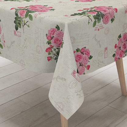 Oilcloth tablecloth K198A beige pink roses blossoms flowers postcard square round oval