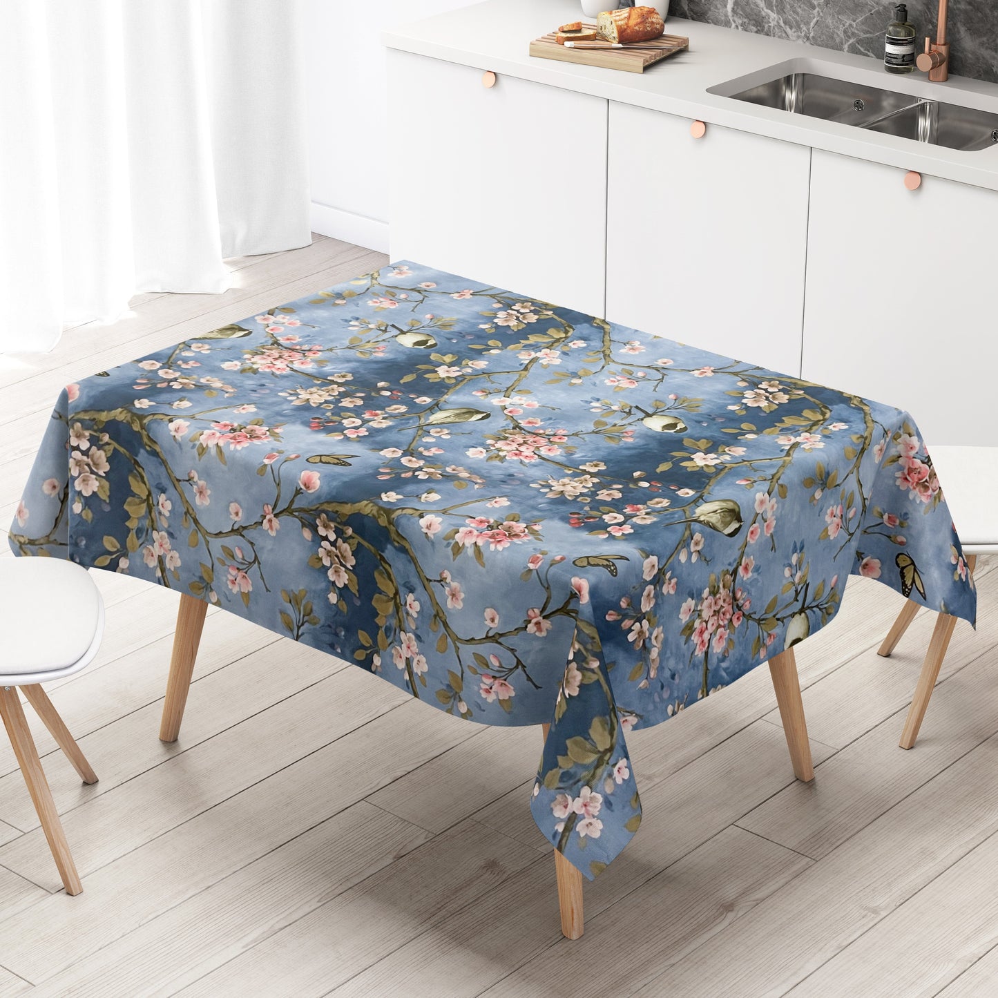 abwaschbare Wachstuch Tischdecke blau Kirschblüte Schmetterlin wachstuchshop24pro.com