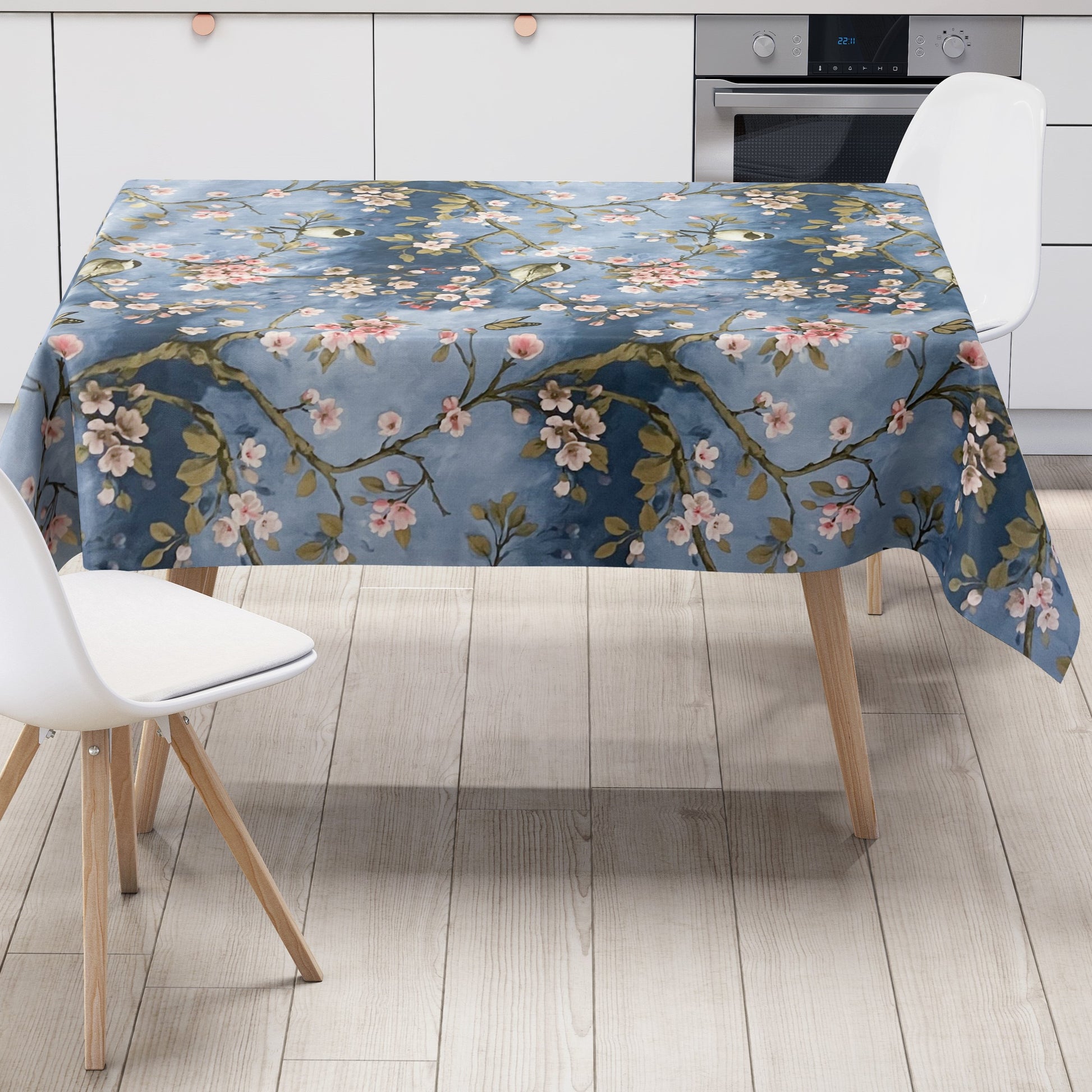 abwaschbare Wachstuch Tischdecke blau Kirschblüte Schmetterlin wachstuchshop24pro.com