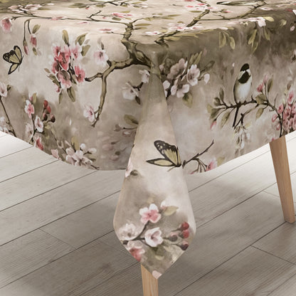 Wachstuchtischdecke Kirschblüte Meise taupe wachstuchshop24pro.com