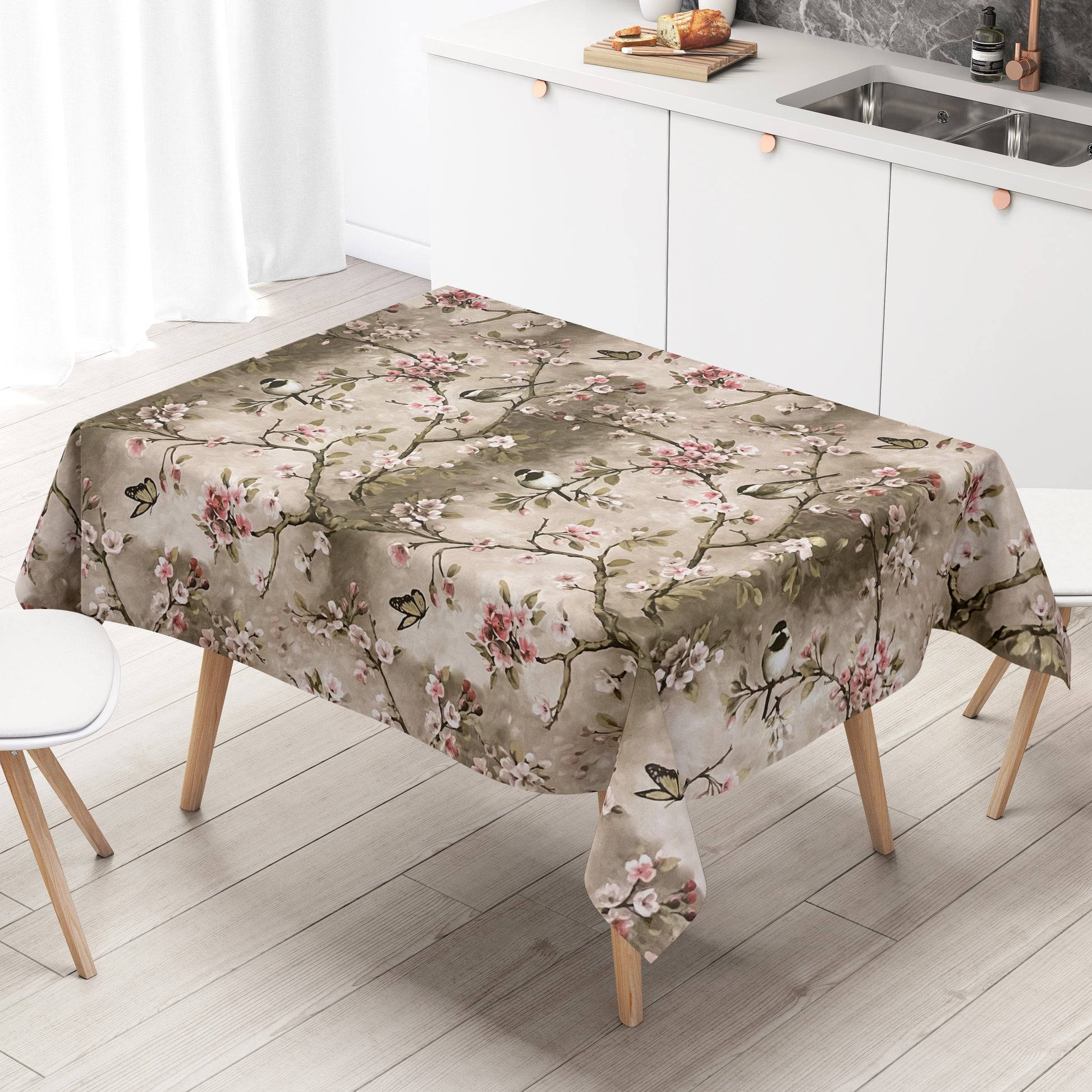 Wachstuchtischdecke Kirschblüte Meise taupe wachstuchshop24pro.com