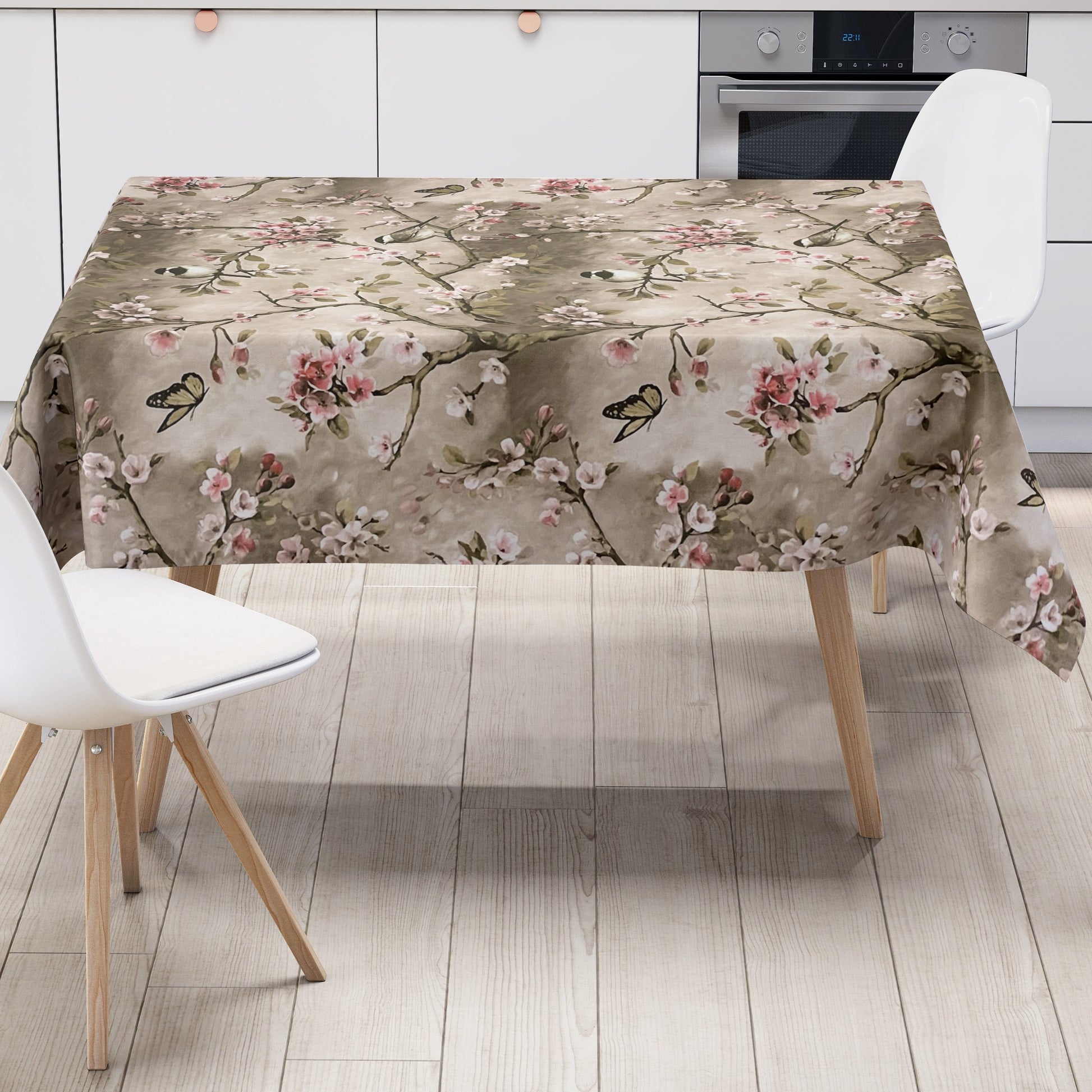 Wachstuchtischdecke Kirschblüte Meise taupe wachstuchshop24pro.com