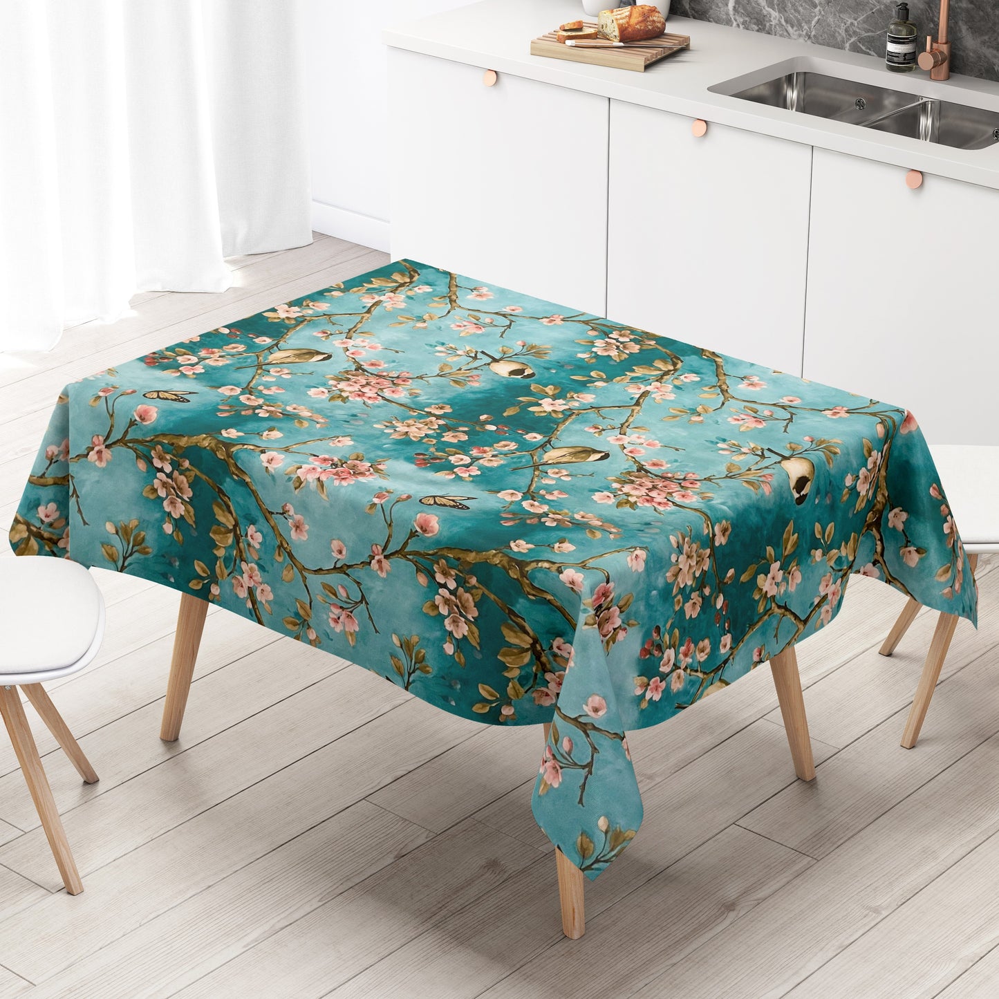 Wachstuch Tischdecke Kirschblüte türkis