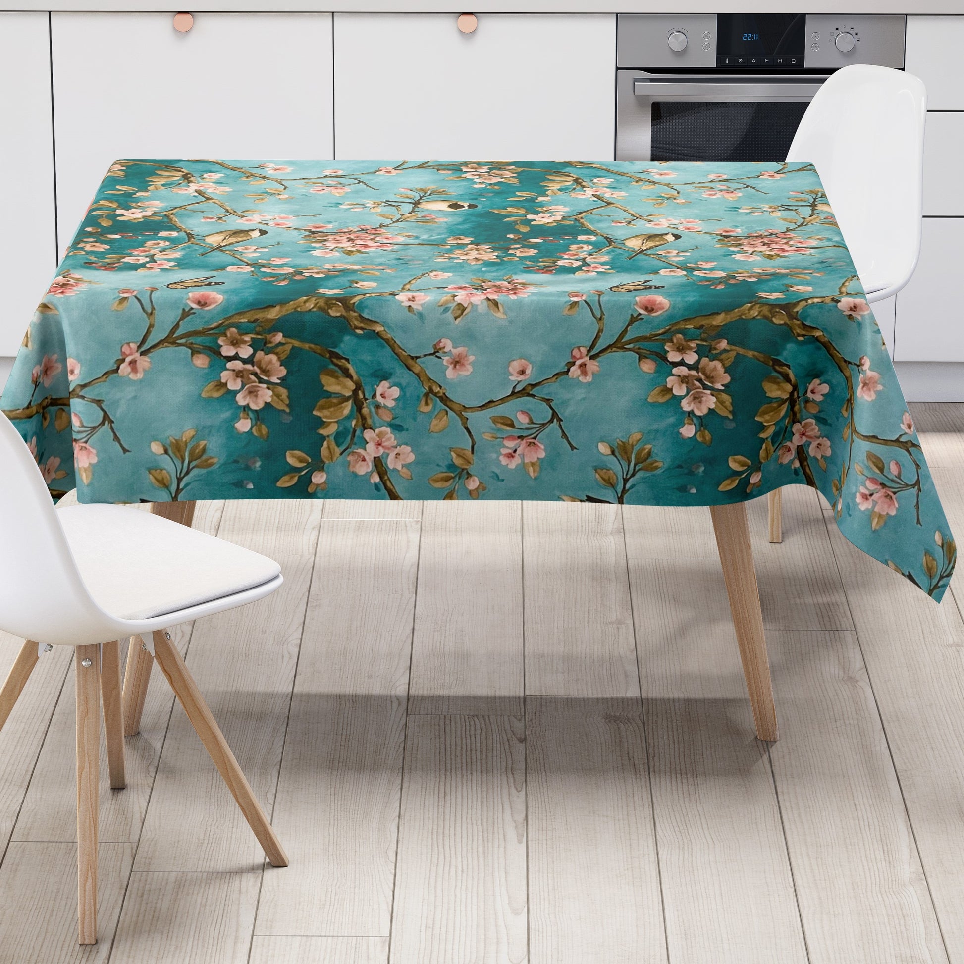 Wachstuch Tischdecke Kirschblüte türkis