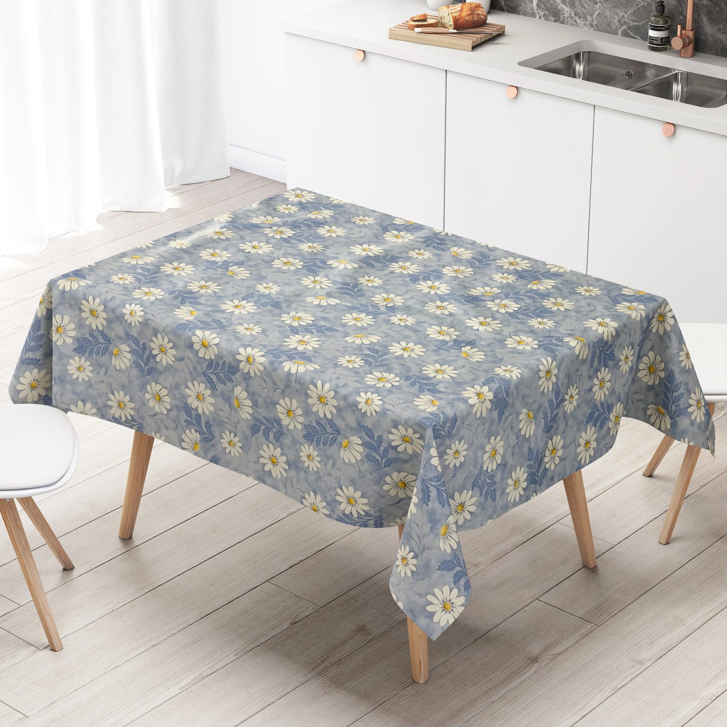 Wachstuchtischdecke hellblau Blumen Frühjahr Magerite 