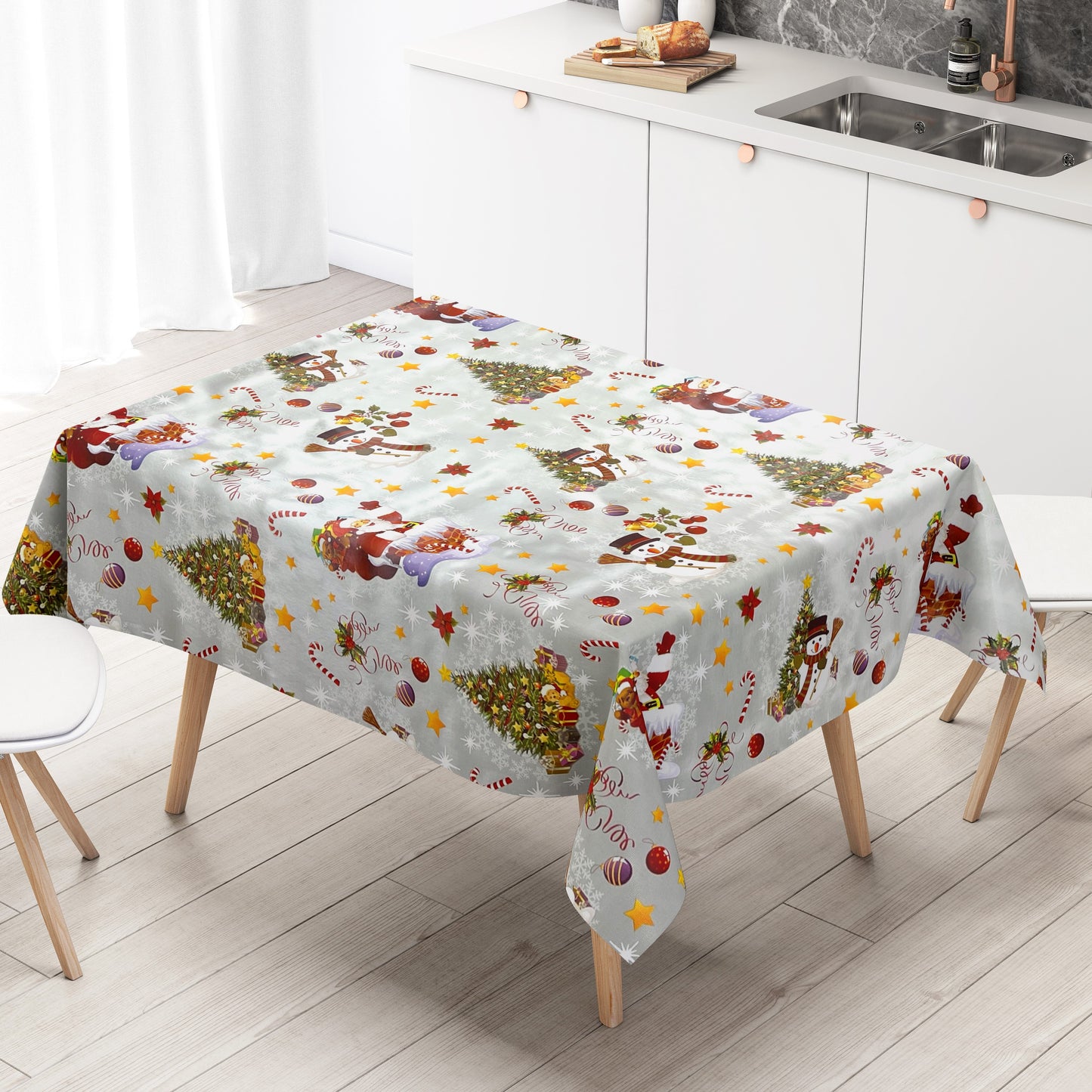 KEVKUS oilcloth tablecloth Christmas 01188-02 snowman Santa Claus silver square round oval