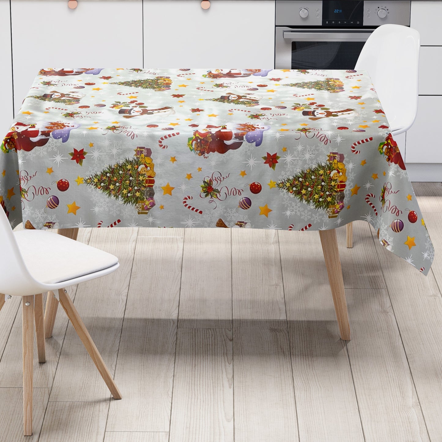 KEVKUS oilcloth tablecloth Christmas 01188-02 snowman Santa Claus silver square round oval